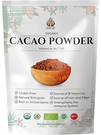 Organic Cacao Powder, Maximum Butter | Unsweetened Natural Chocolate Powder | Vegan | Ideal for Hot Cocoa, Baking, Smoothies & Gelato Making | 8 oz