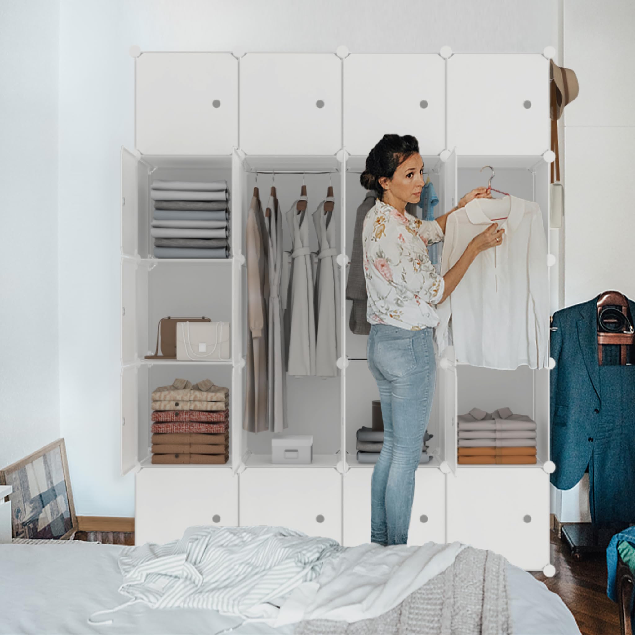 LZQ Armadio multiuso, sistema di scaffalatura fai da te, in plastica, per camera da letto, con porta, con 20 cubi e asta appendiabiti (latte)