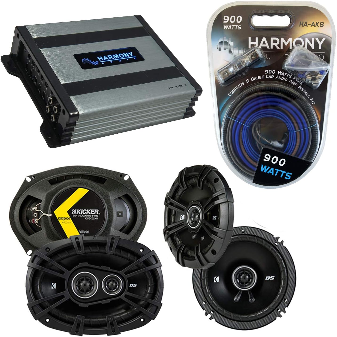 Harmony Audio Compatible with Toyota Corolla 2009-2013 Speaker Replacement Kicker Bundle DSC65 DSC693 & Harmony HA-A400.4 Amp