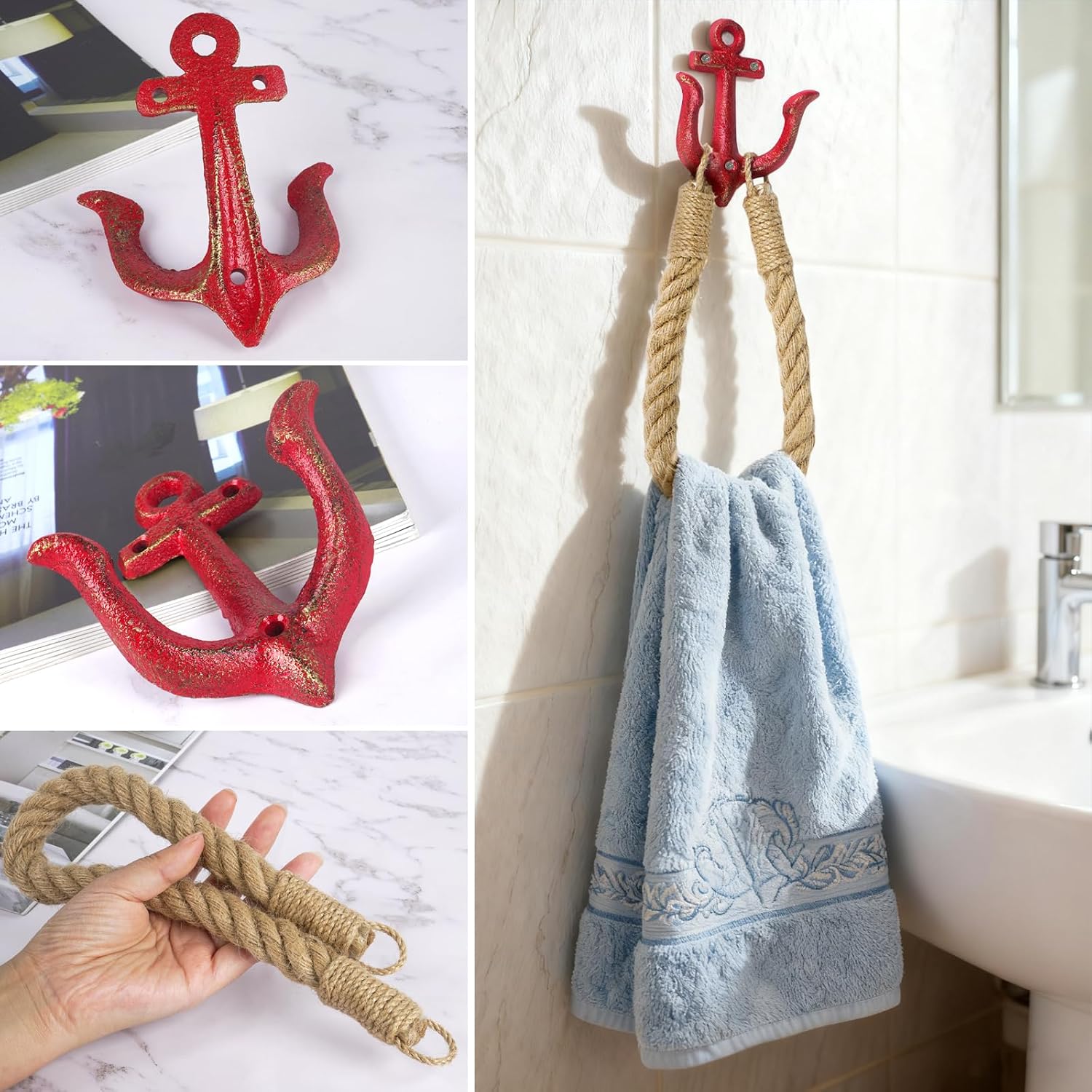 Coastal Bathroom Decor Set Nautical Bathroom Decor Beach Bathroom Accessories for Seaside Theme Bathroom (1Pcs Red Anchor Hook with Hemp Rope)
