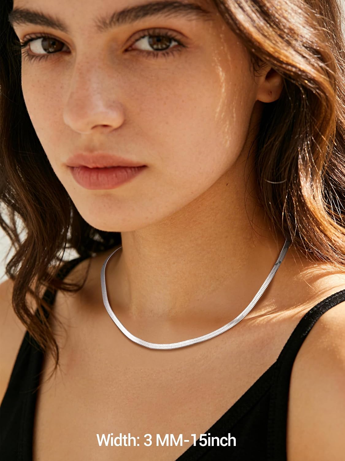 PROSTEEL 3mm/5mm Herringbone Choker Necklace for Women, 12.5"/15"/18", Stainless Steel/Sterling Silver Flat Snake Chain in Silver/Yellow Gold/Rose Gold/Black, Come with Box