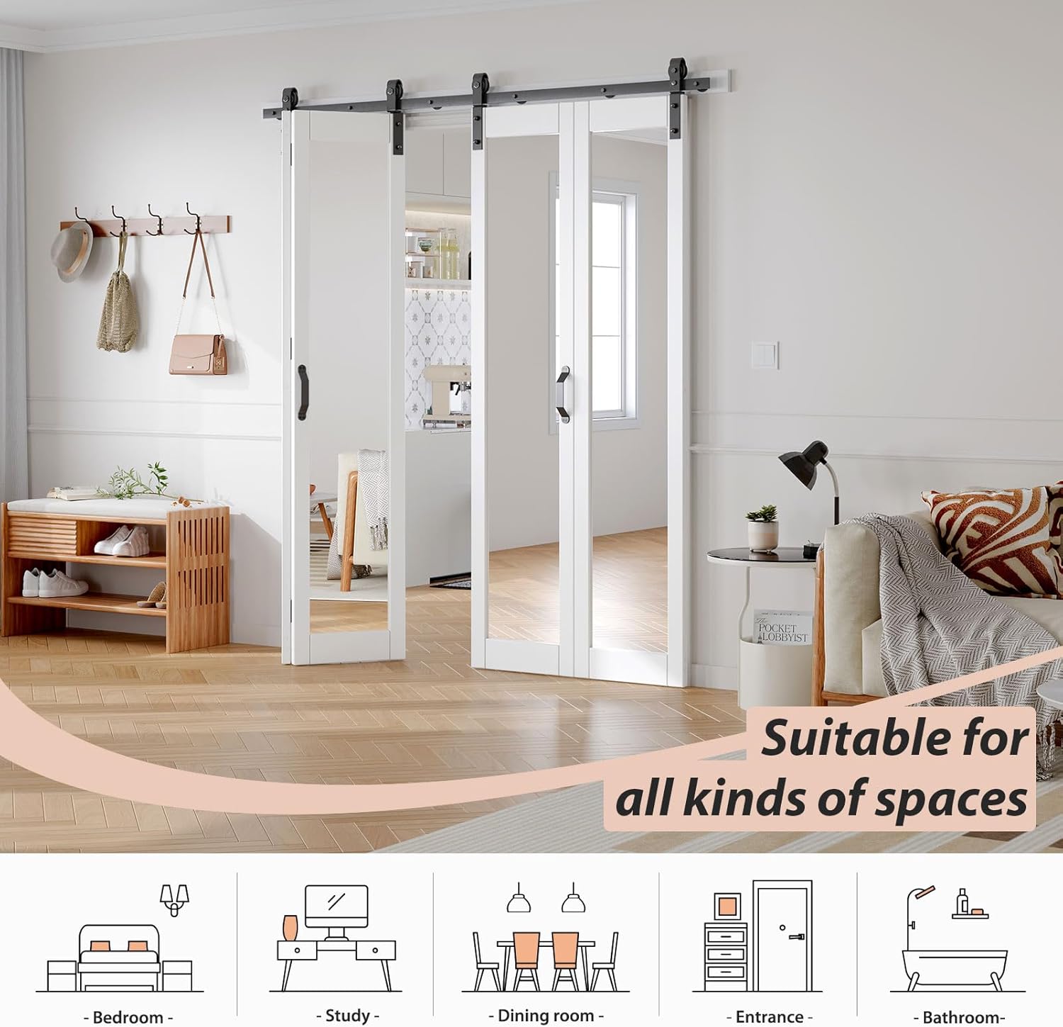 72X84 (18x4) Mirror Bi-fold Barn Door with 80" Hardware Kit & Handle,Solid MDF Door with Water-Proof PVC Surface