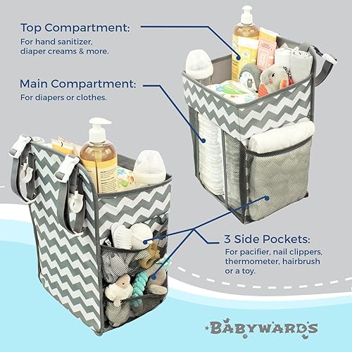 Miniatura 3 de Organizador colgante de pañales, gran almacenamiento para artículos esenciales de bebé recién nacido, 2 compartimentos, 3 bolsillos de malla,