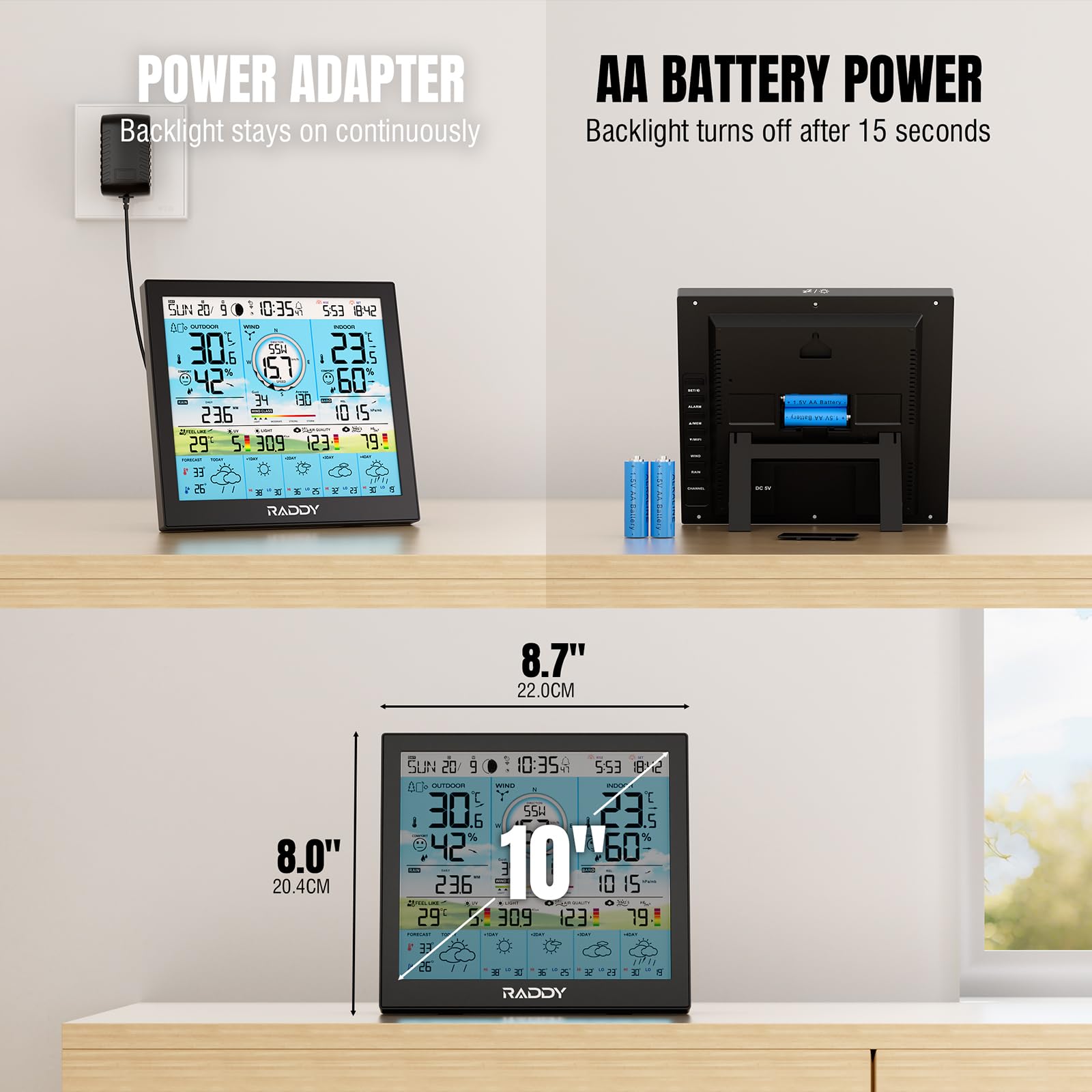 Raddy WF-120P Stazione meteorologica Wi-Fi professionale 10″ display colori HTN PM2.5 sensore esterno 7-in-1