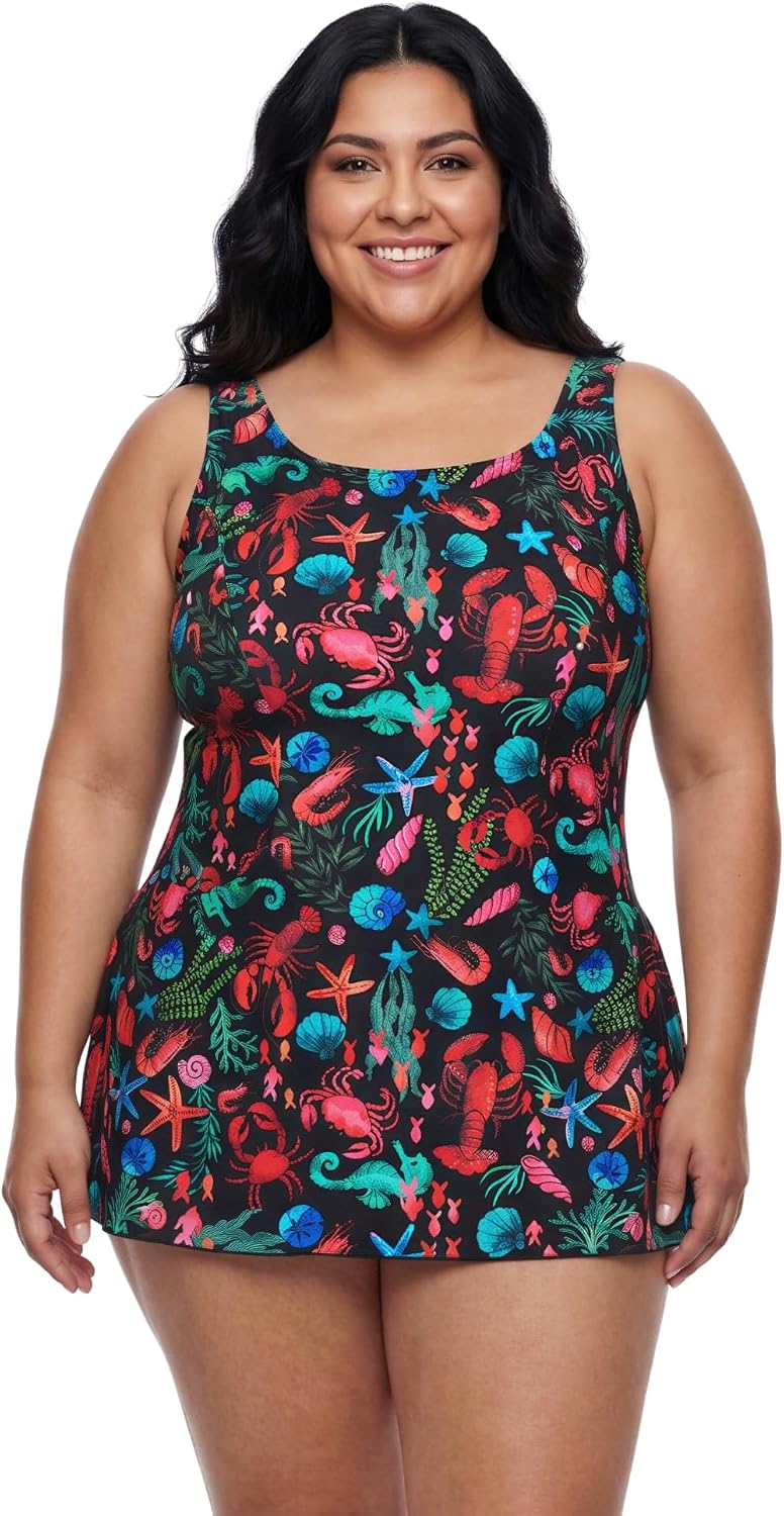 Sporti Plus Size Swim Dress – Women’s Full Coverage Chlorine Resistant, Shelf Bra Support, UPF 50+