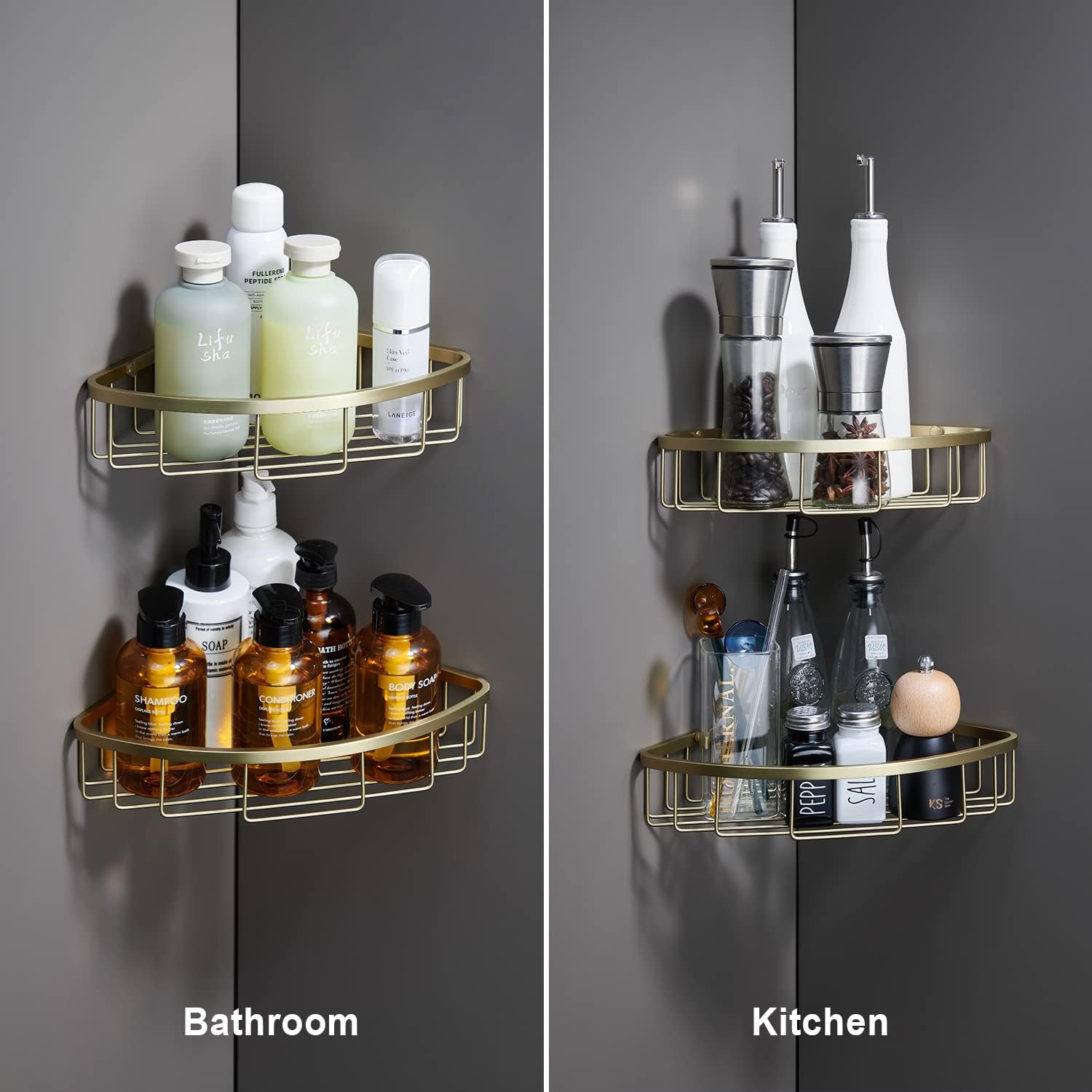 [2 Pack Bathroom Corner Shower Caddy Shelf Organizer, SUS304 Stainless Steel Heavy Duty Rust-Proof Shelf Holder, Wall Mounted Storage Rack for Bathroom Kitchen, Brushed Gold