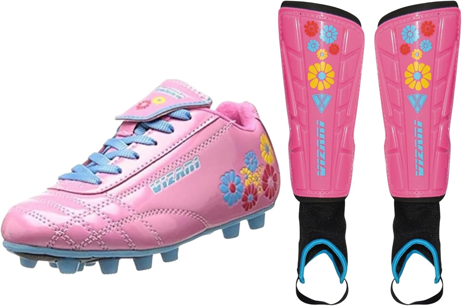 Vizari Blossom Soccer Cleats (8.5) & Shinguards (XS) Combo | Firm Ground Cleats with Superior Traction & Lightweight Shin Guards with Detachable Ankle Protection | Perfect Youth Soccer Set for Perform