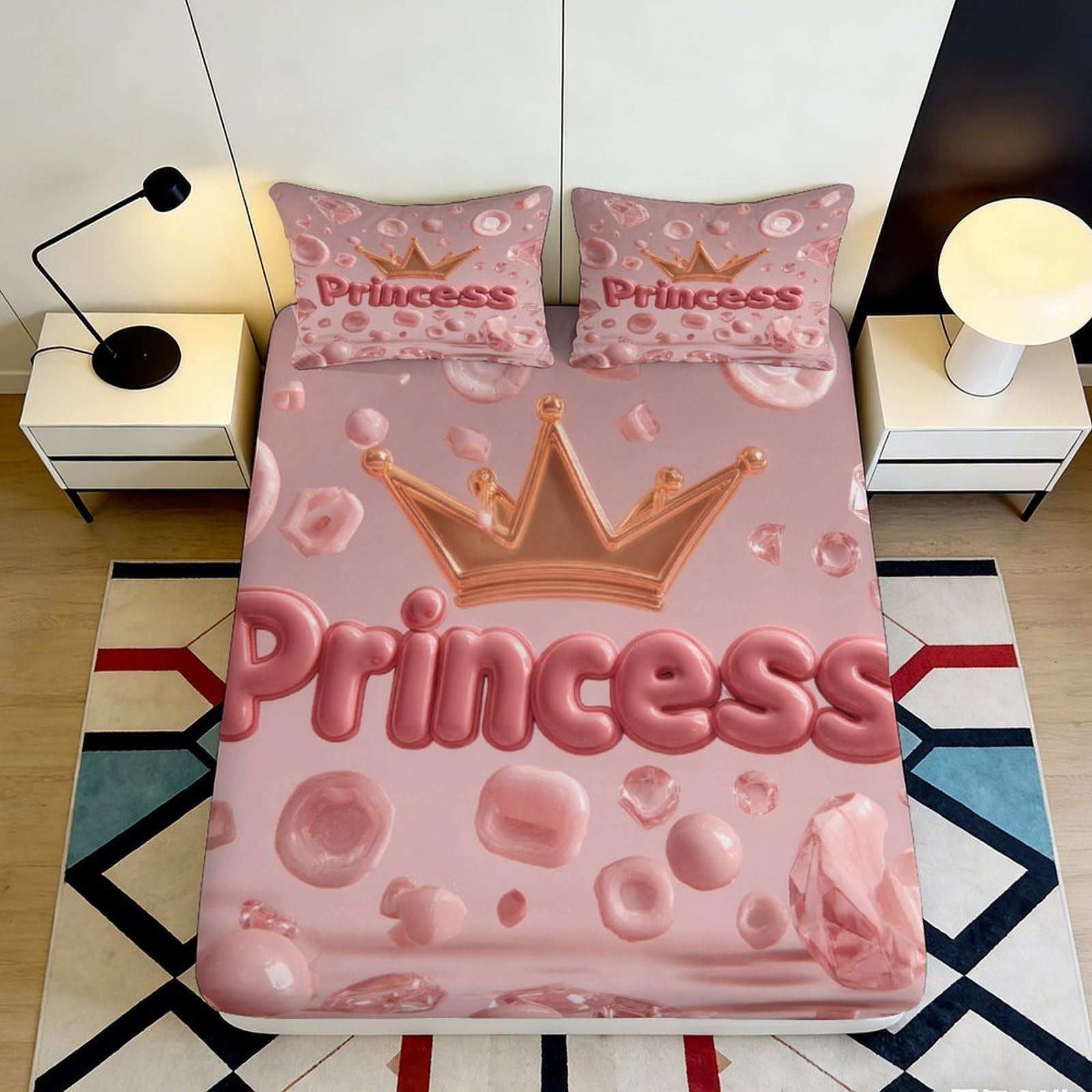 Uxinyoume Style-6 3D Printed Pink Princess Crown Fitted Sheet Microfiber Bed Cover Anti-Slip Machine Washable For Bedroom Decor 90X200x25cm