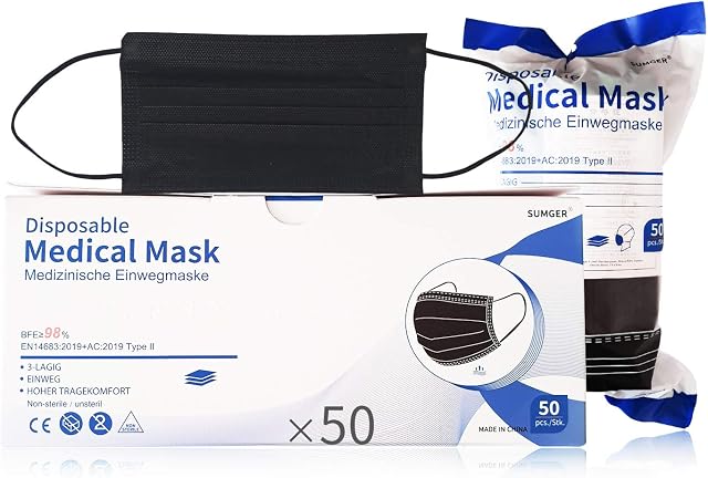 Medical Disposable Face Mask, 50 Units, Colour Black, CE Certified, BFE 98%, EN 14683:2019+AC:2019 Type II