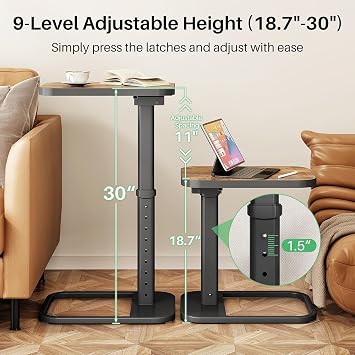 Kitstorack C-Shape Side Table with Adjustable Height & Flip Top, Rounded Corners Small Space End Table, Couch Sofa Table for Laptop Coffee Snack in Living Room Bedroom Bedside