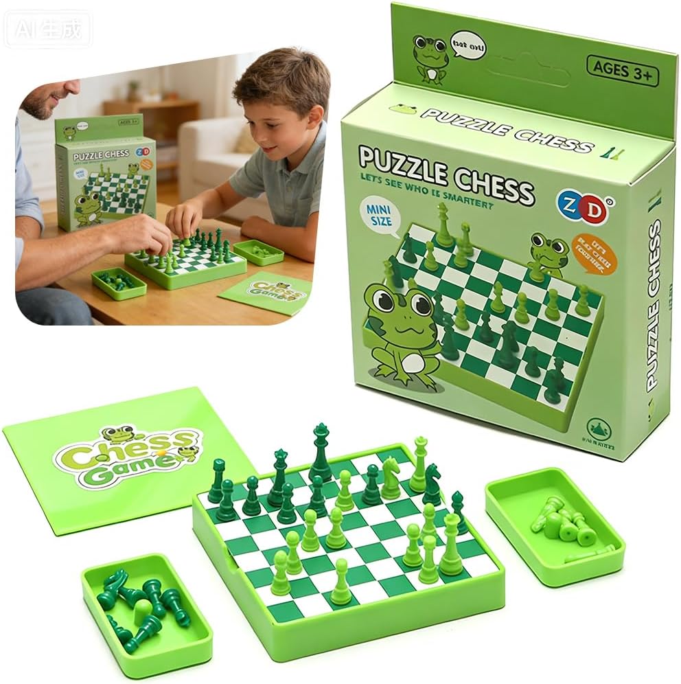 36Pcs Frog Chess Games, Chess Set, Portable Mini Chess Set for Travel and Outings, Educational Board Games Gifts for Kids/Children/Adults（Deep Green/Light Green）