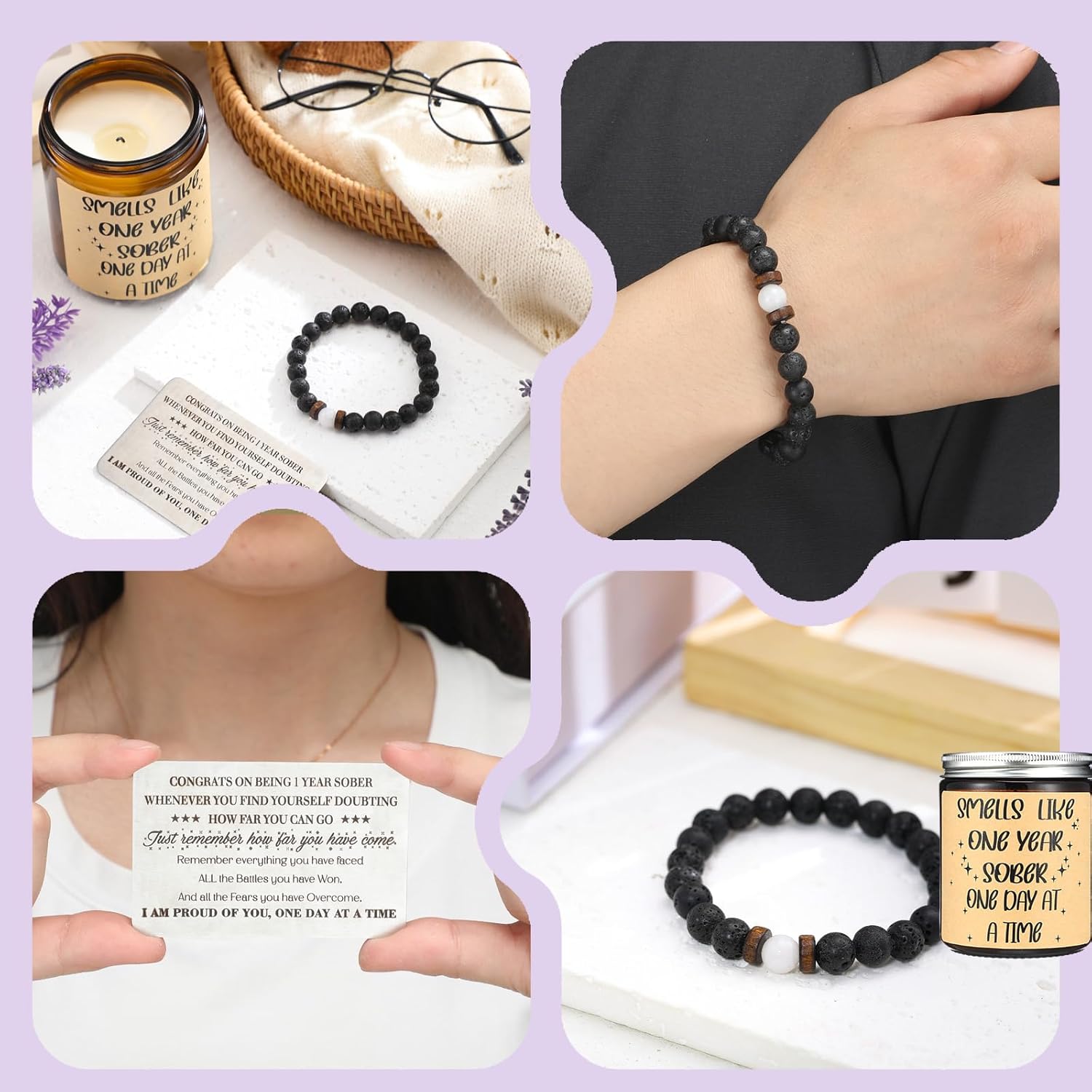 Nuanchu Sobriety Gifts for Men 1 Year Sober Gifts Beaded Bracelets Sober Candle Sobriety Card One Year Anniversary Addiction Recovery Milestone Birthday Present for Him Her