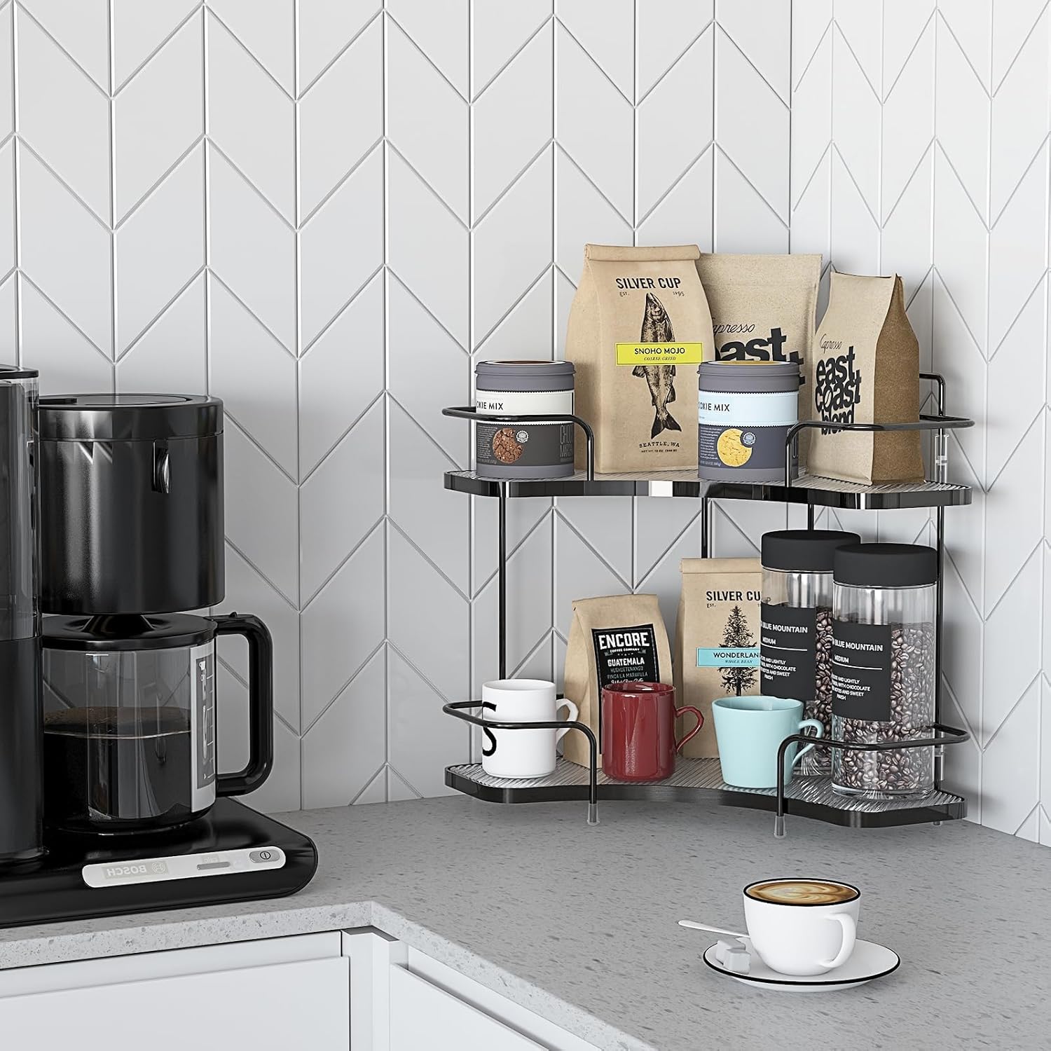 FOLLOWIN 2 Tier Bathroom Countertop Corner Organizer, Countertop Perfume Tray, Vanity Counter Shelf, Skincare Makeup Cosmetic Vanity Organizers, Elegant Black