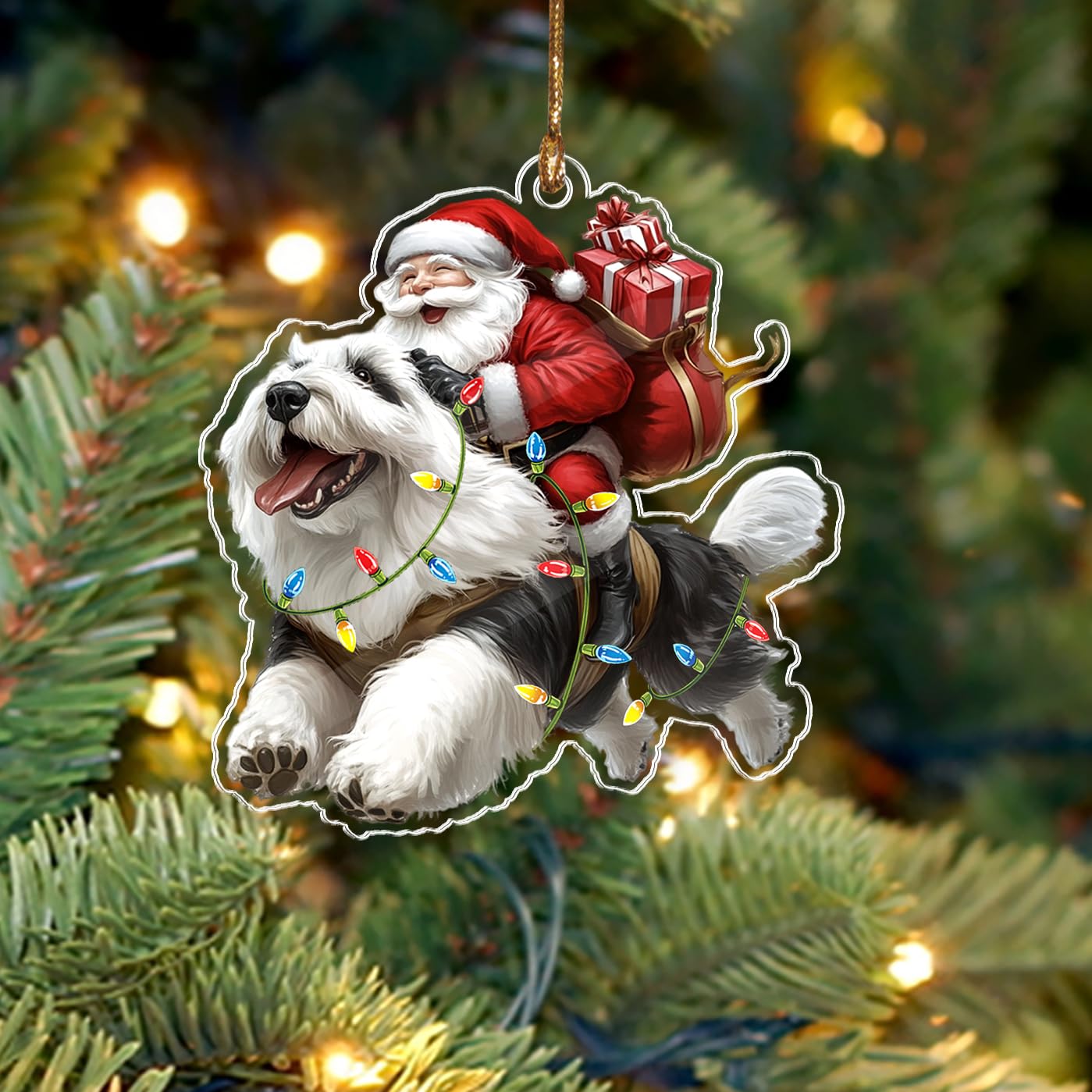 BEETHIS Funny Old English Sheepdog Santa Christmas Ornament 2026 – 2D Flat Acrylic Santa and Dog Car Hanging Ornament Decoration for Dog Lovers – Unique Sheepdog Xmas Decor 3.5''