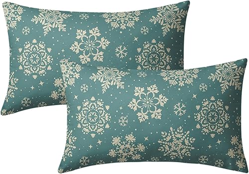 Juego de 2 fundas de almohada lumbar de invierno y Navidad con copos de nieve verdes y blancos, 12 x 20 pulgadas, decoración de vacaciones de nieve,