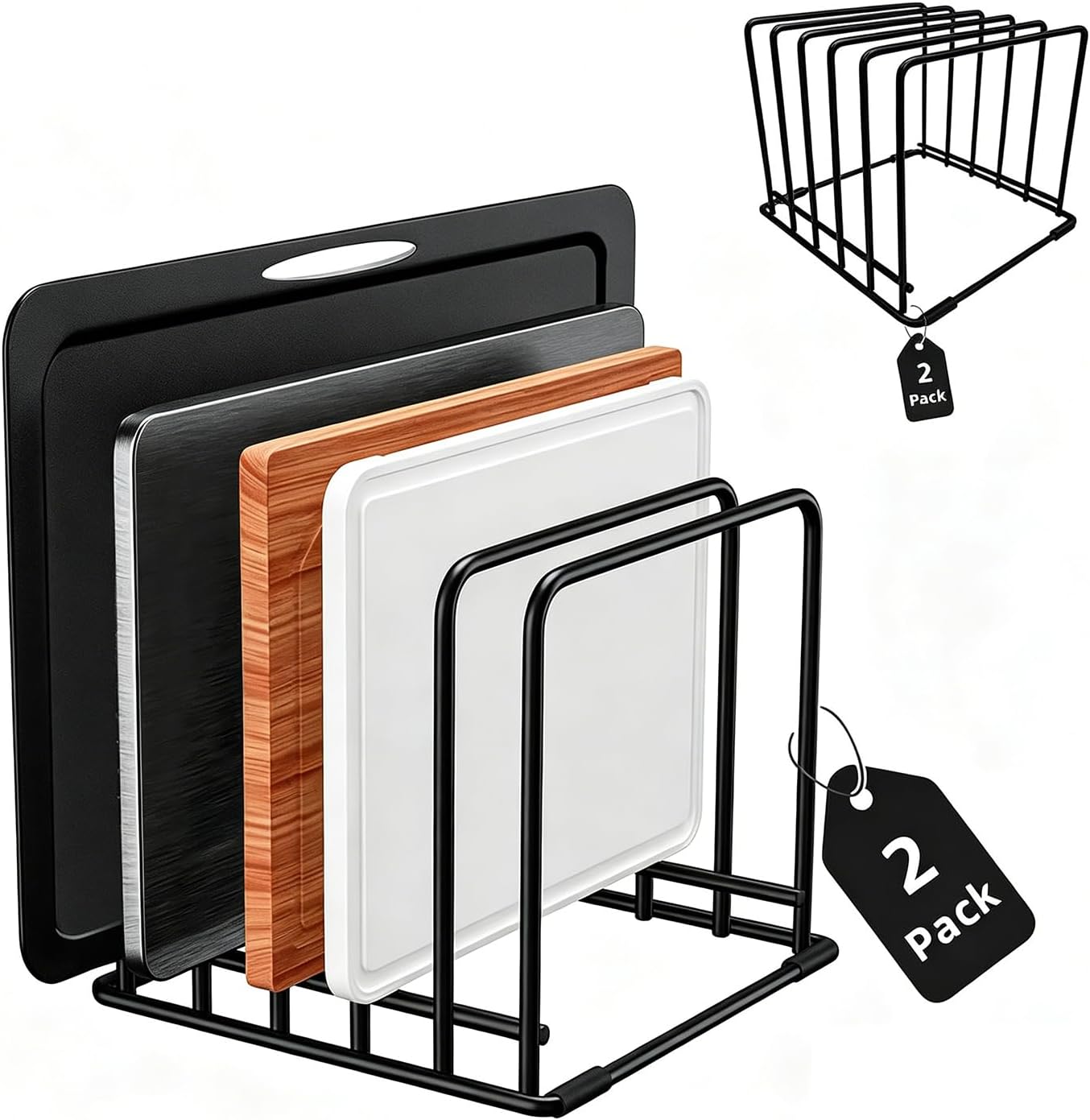 Kitchen 5-Slot Pan & Cutting Board Organizer Rack, Counter/Cabinet Storage Holder (BLACK)