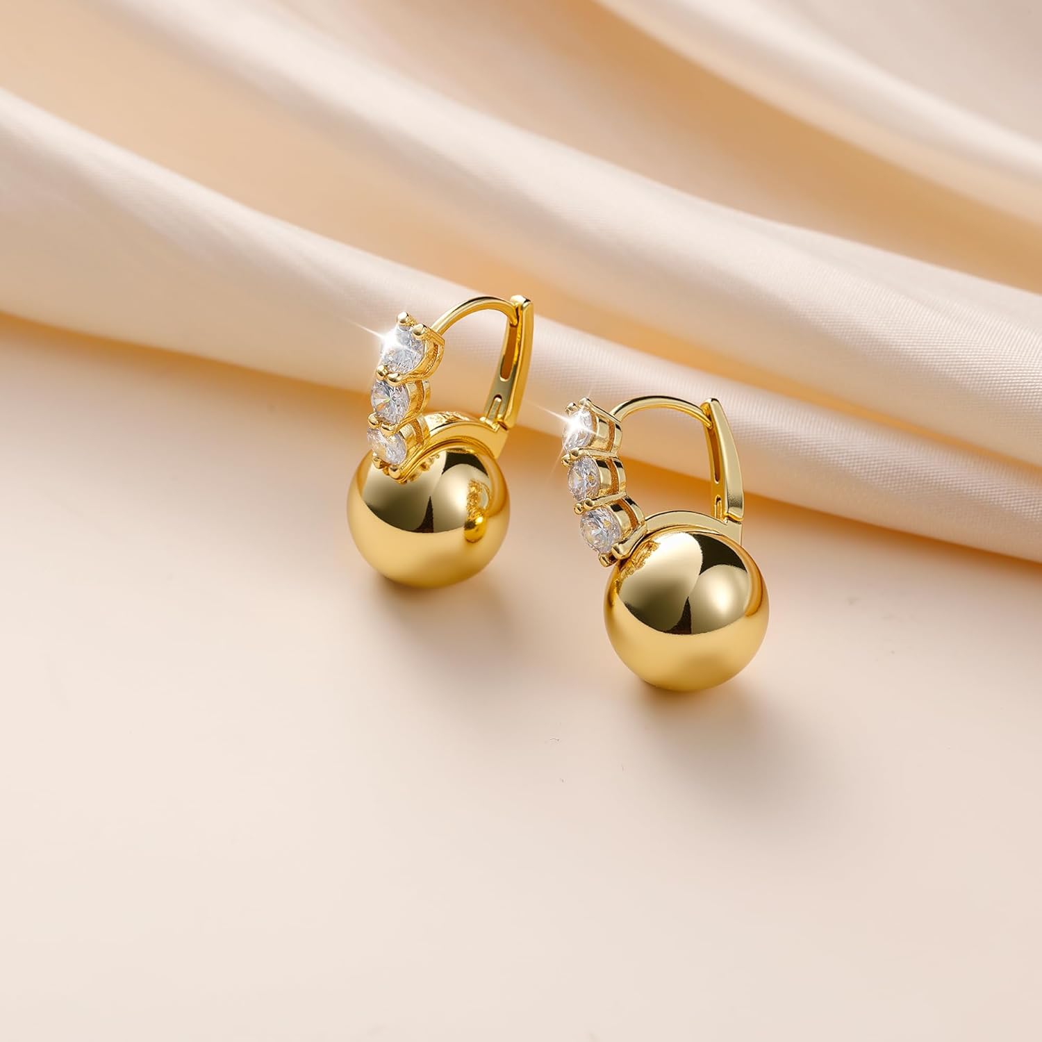 Kesaplan Gold Dangle Earrings for Women 14K Gold/Silver Plated Hypoallergenic Ball Drop Earrings 5A Cubic Zirconia Round Hoop Leverback Lightweight Fashion Jewelry - Image 6