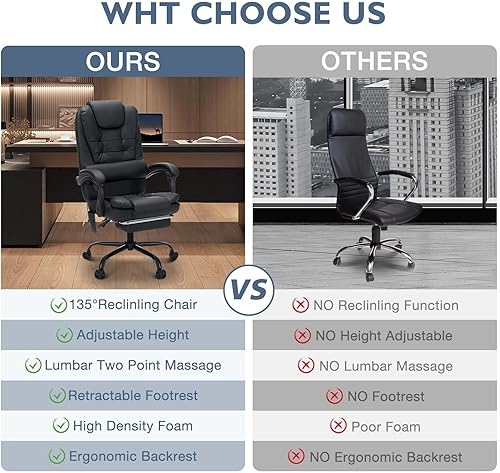 Miniatura 8 de Silla de oficina de masaje, sillas de oficina reclinables con reposapiés, silla de escritorio de piel sintética suave, respaldo alto, silla