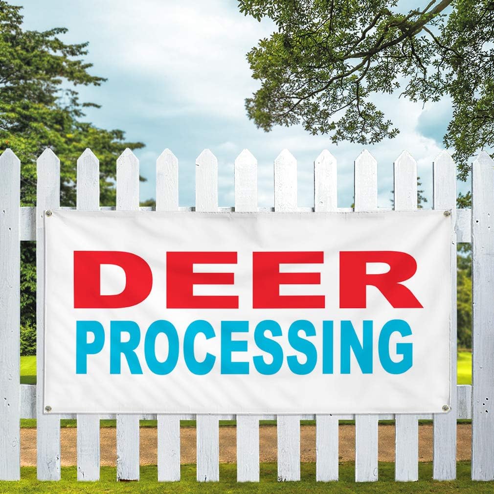 Vinyl Banner Multiple Sizes Deer Processing Red Blue Lifestyle Outdoor Weatherproof Industrial Yard Signs 4 Grommets 16x40Inches