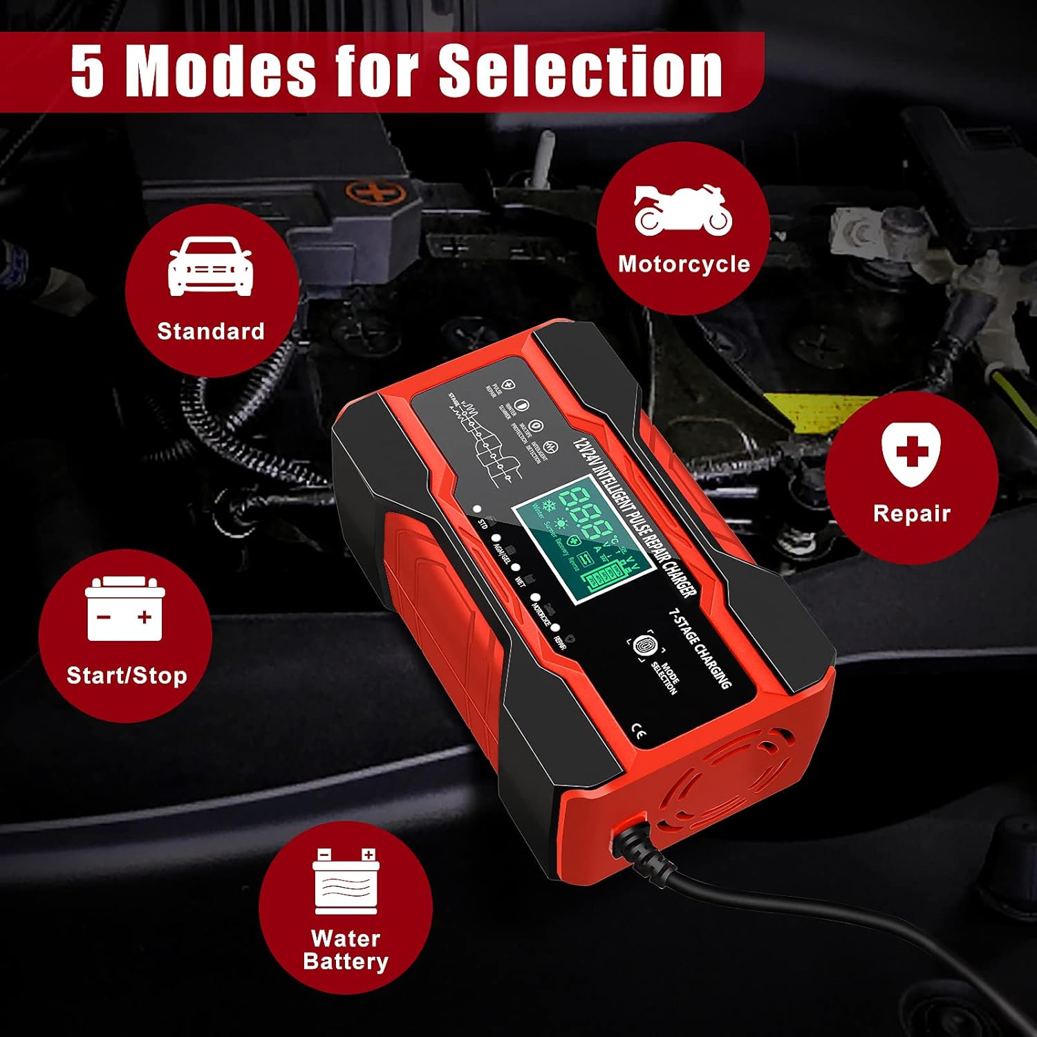 YDBAO Car Battery Charger showing automatic temperature compensation for Summer and Winter modes