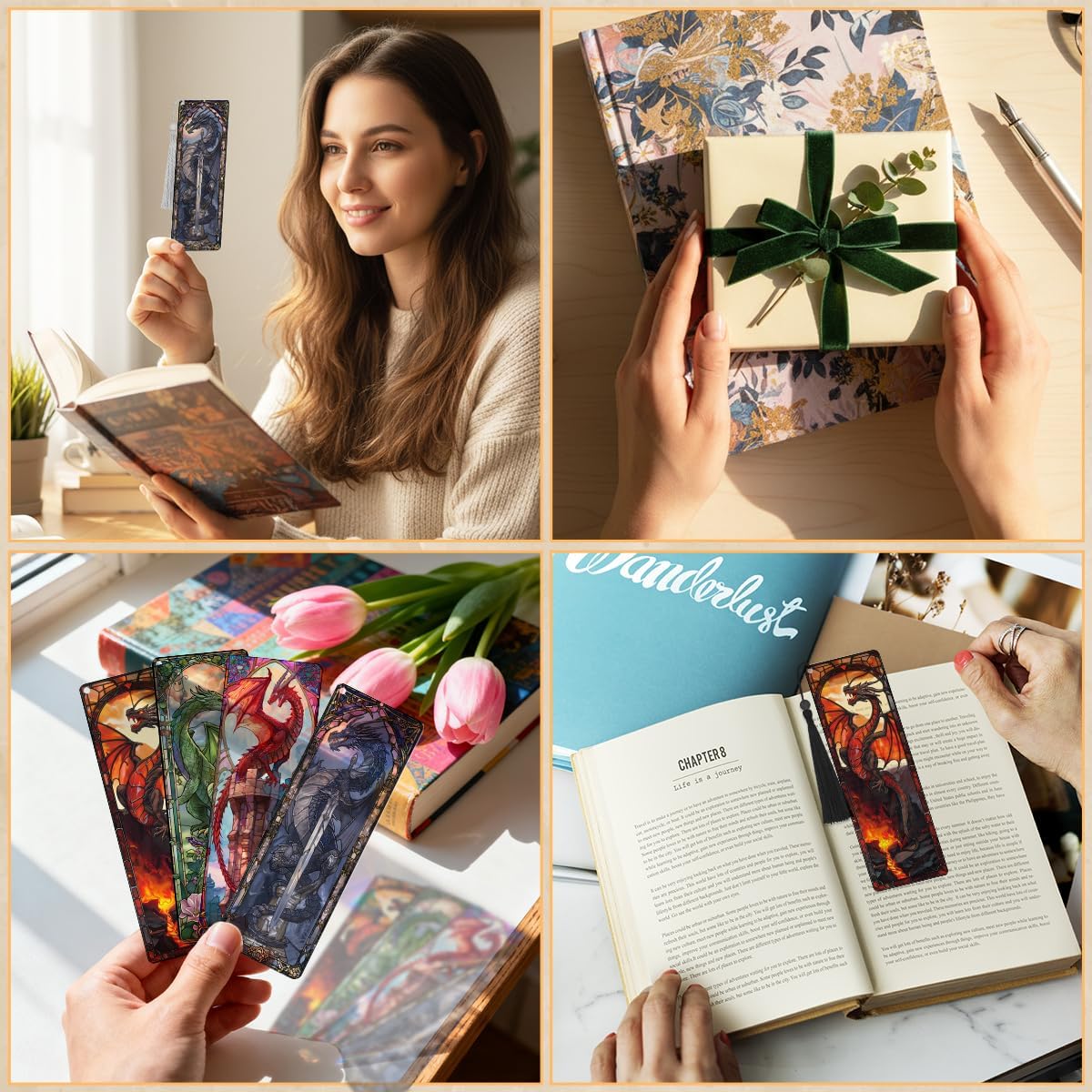 4 Pcs Stained Glass Dragon Bookmarks Gifts for Women Men, Transparent PVC Bookmark with Tassels, Cool Book Lovers Accessories, Unique Reading Book Marks for Bookish Office School - Image 7