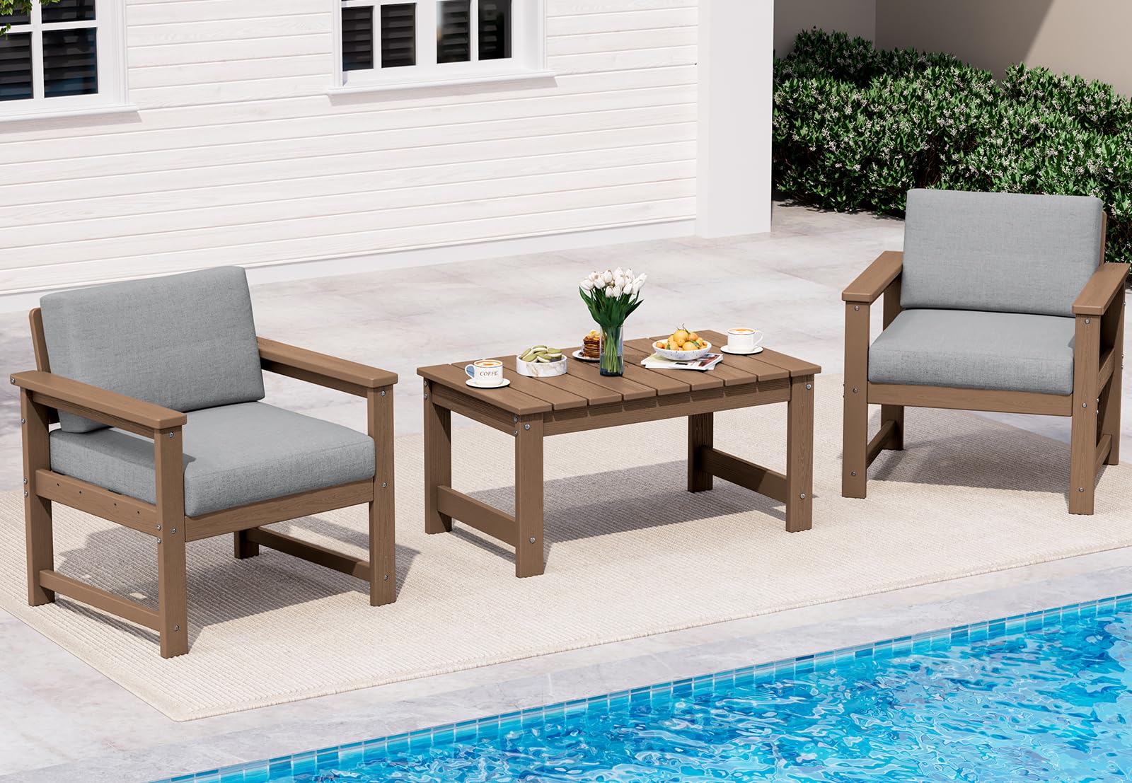 SERWALL 3 Pieces HDPE Outdoor Sofa Bistro Set with Cushions &amp; Coffee Table