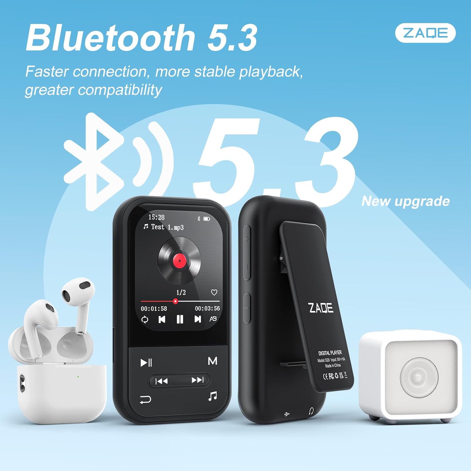 ZAQE X20 MP3 Player showing its front screen with playback controls and a side view revealing the clip, alongside wireless earbuds and a small speaker, illustrating Bluetooth 5.3 connectivity.