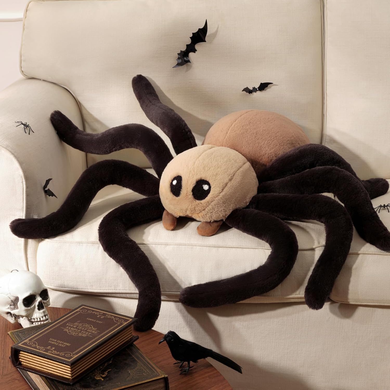 Phantoscope Happy Halloween Spider Shaped Throw Pillow, Faux Fur Fluffy Tarantula Shaped Halloween Cushion Pillow Contrast Color with Shapeable Legs, for Bedroom Sofa, Brown, 18 x 9.5 inches Brown Spider