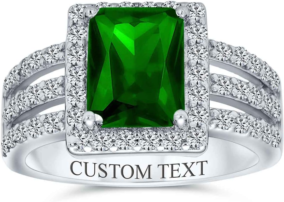 Bling Jewelry Personalize Art Deco Style 3CTW Rectangle AAA CZ Green Blue Emerald Cut Halo Cocktail Statement Engagement Ring For Women Wide Band .925 Sterling Silver Customizable