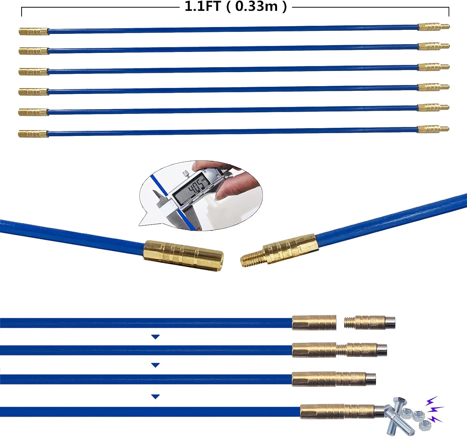 11ft Multi-function Fiberglass Duct Rodder Wire and Cable Pulling Kit Electrical Fish Tape Cable Puller Cable Rods With Hook And Hole In Tube Blue