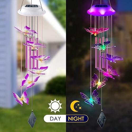 Miniatura 4 de Carillón de viento solar con mariposas, regalos para mamá y mujeres, carillón de viento LED brillante con cambio de colores para exteriores con 4