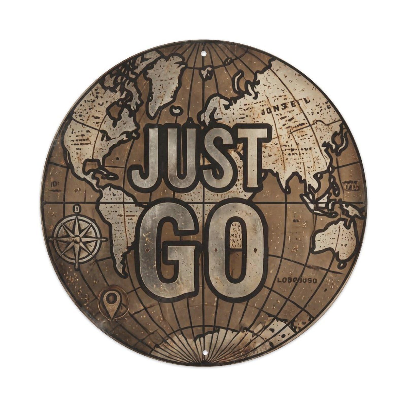 Vintage World Map with Compass Just Go Velocity Metal Tin Sign