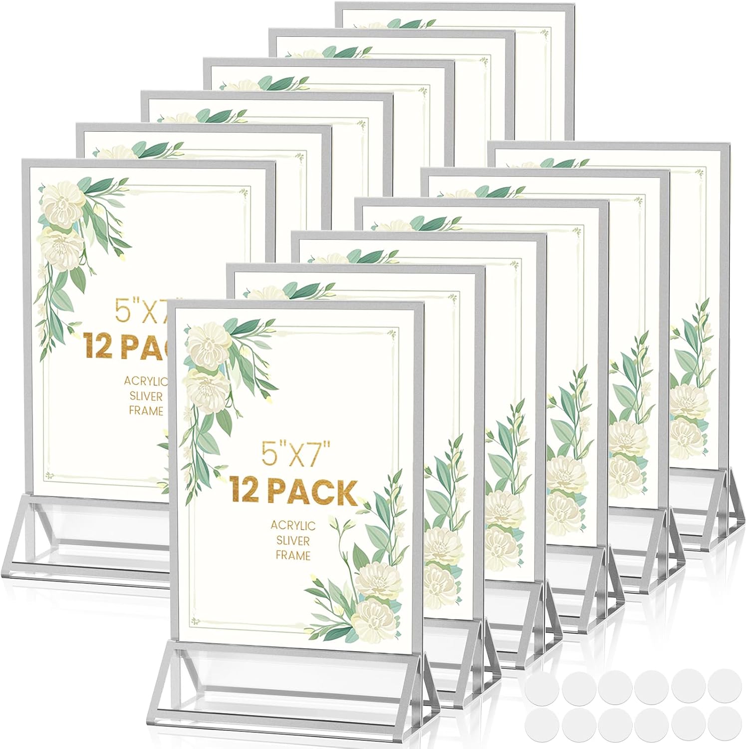 5X7 Sliver Frames Acrylic Sign Holder Double-Sided Silver Picture Frame 5x7 for Menu Holder Wedding Table Number Holder Christmas Photo Frames with Removable Sticky Dots -12 Pack