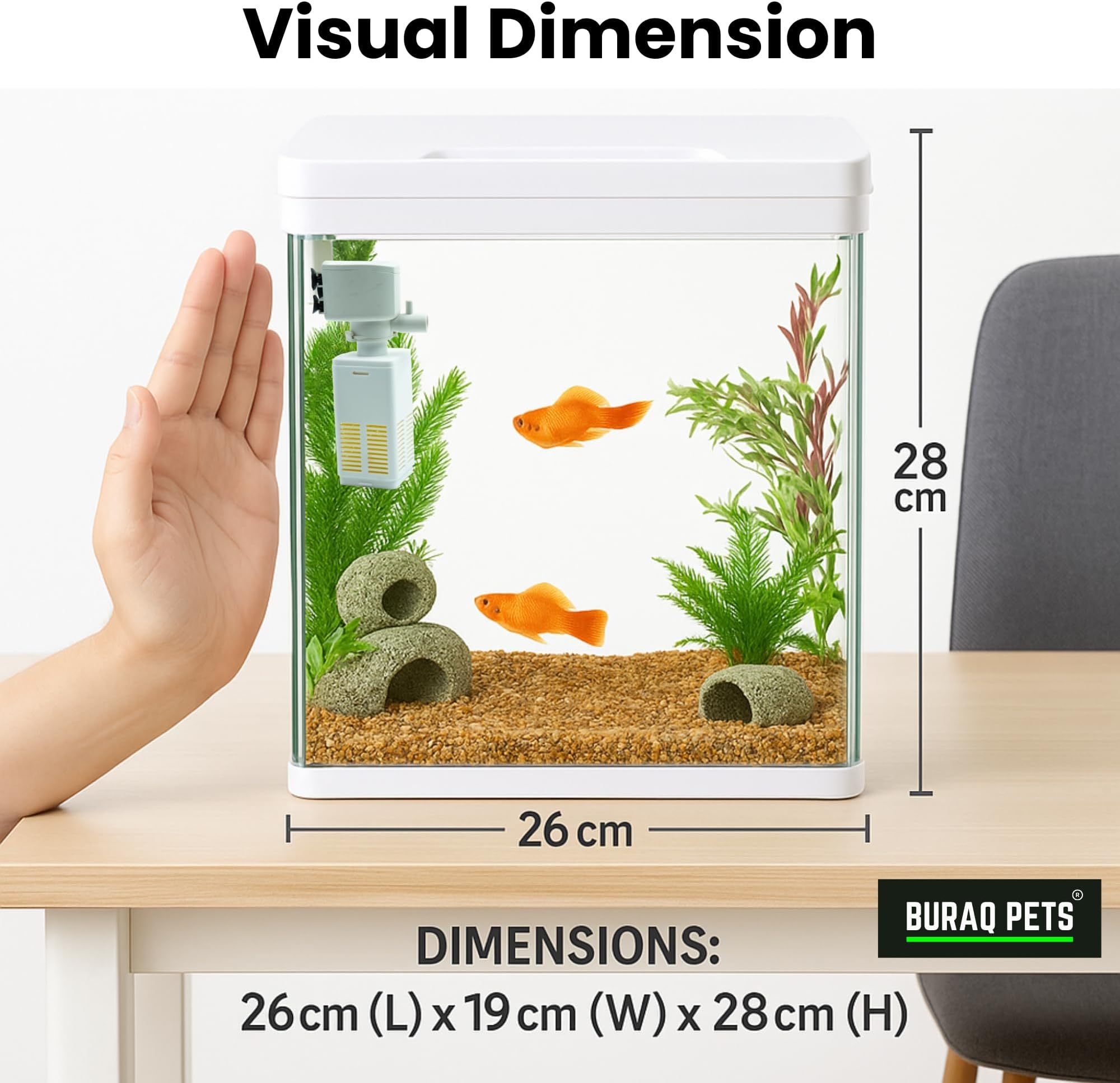 Buraq 4K Transparency Fashion Aquarium Mini Fish Tank with Filter & Light, Polycarbonate Material, Suitable for Home, Living Room and Office (26" L x 19" W x 28" H Cm)
