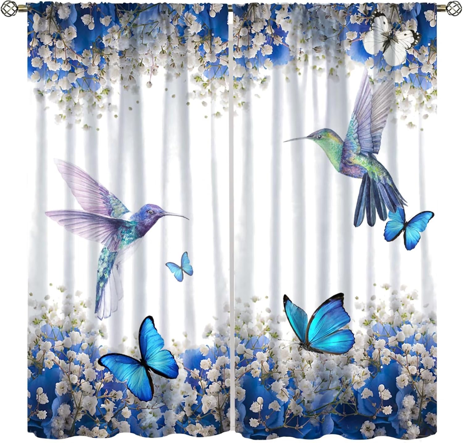 Hummingbird Flower Curtains Watercolor Spring Garden Theme Blue Flowers Butterfly Hummingbird Pattern Printed Curtains Bedroom Living Room Decoration Blackout Curtains W42 * L45 Inches