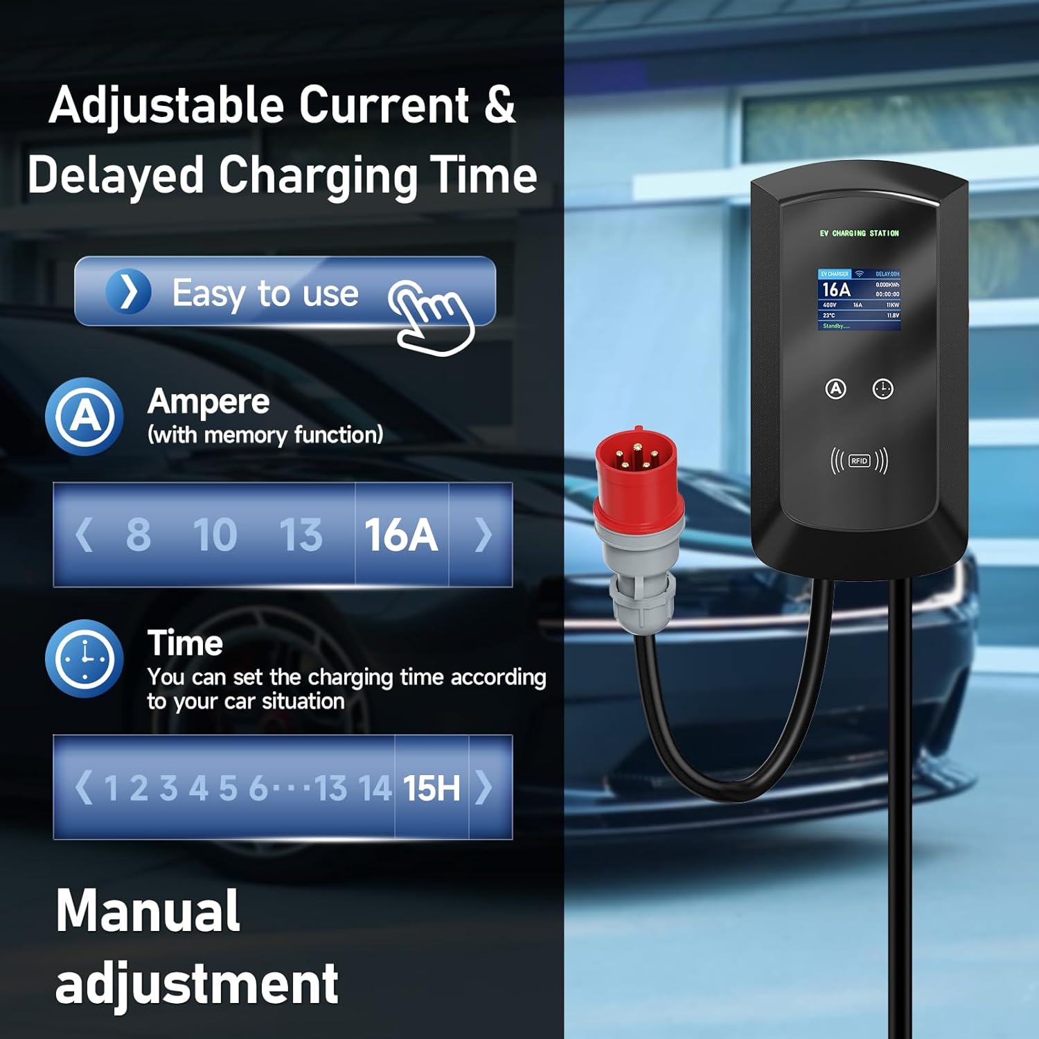EV charging station display showing adjustable current settings (8A, 10A, 13A, 16A) and delayed charging time options.