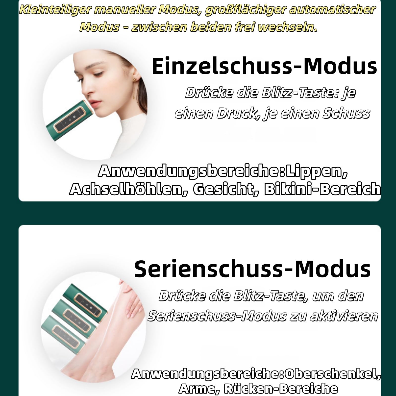 IPL Geräte Haarentfernung Laser mit Gefrierfunktion, Schmerzfreie Haarentfernungsgerät,Geräte Haarentfernung mit Saphir-Eis, Lichtimpulse und Energiestufen für Körper, Gesicht, Bikini (Dunkelgrün)