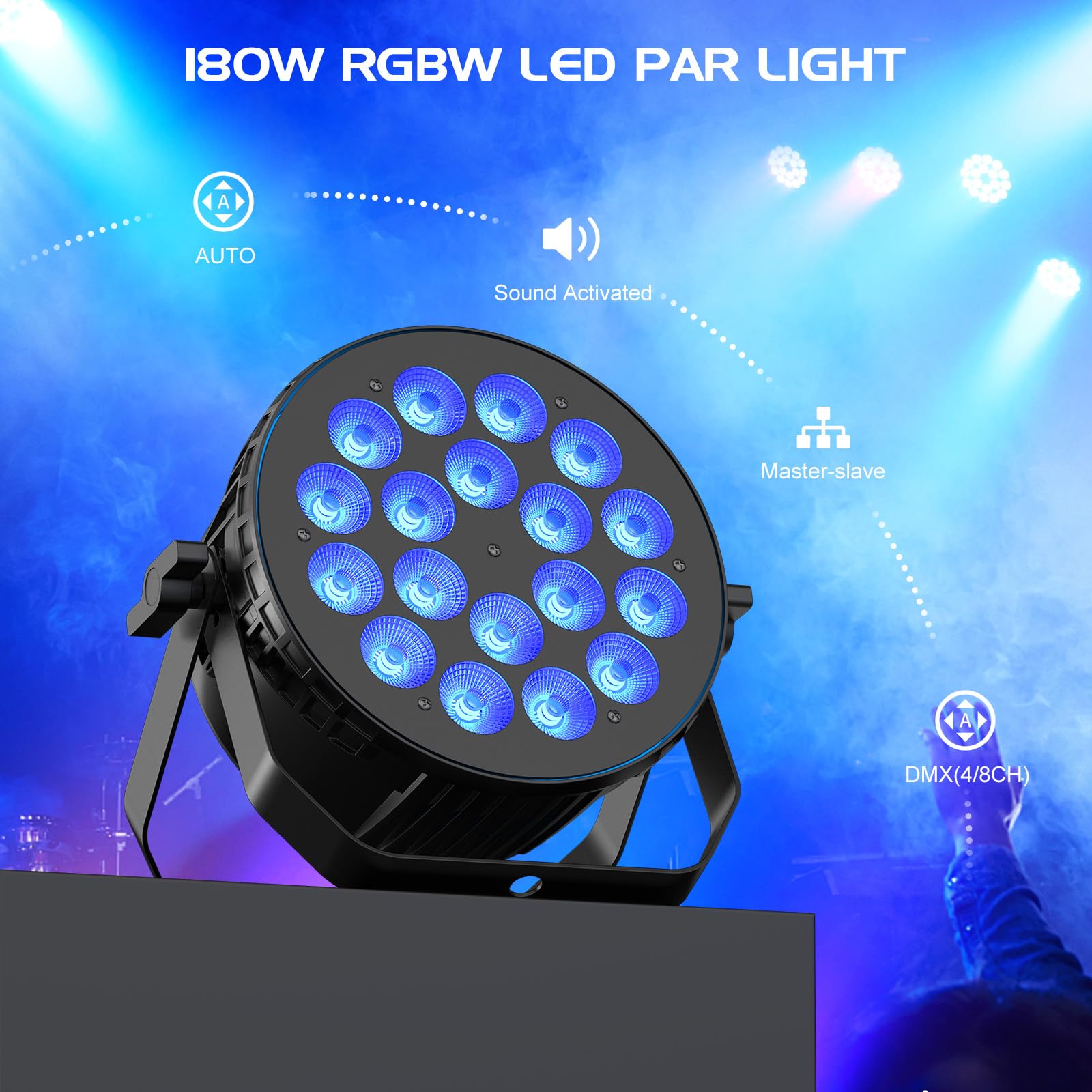 180 W Par LED RGBW, iluminación de escenario de aluminio fundido a presión con DMX512 y control por voz, para fiestas, bodas, bares y Navidad