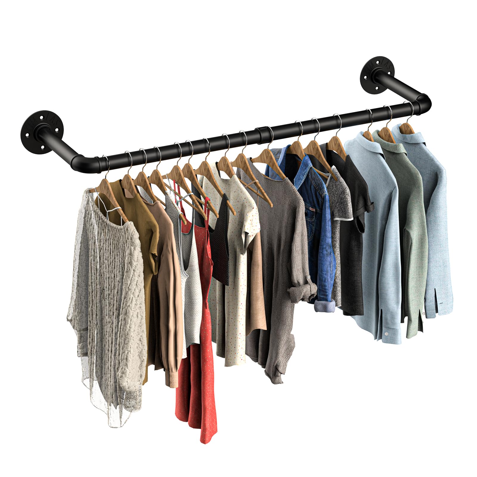 HYSEYY Industrial Pipe Wall Mounted Garment Rack,Space-Saving,Heavy Duty Detachable Garment Bar, Multi-Purpose Hanging Rod for Closet 2 Base