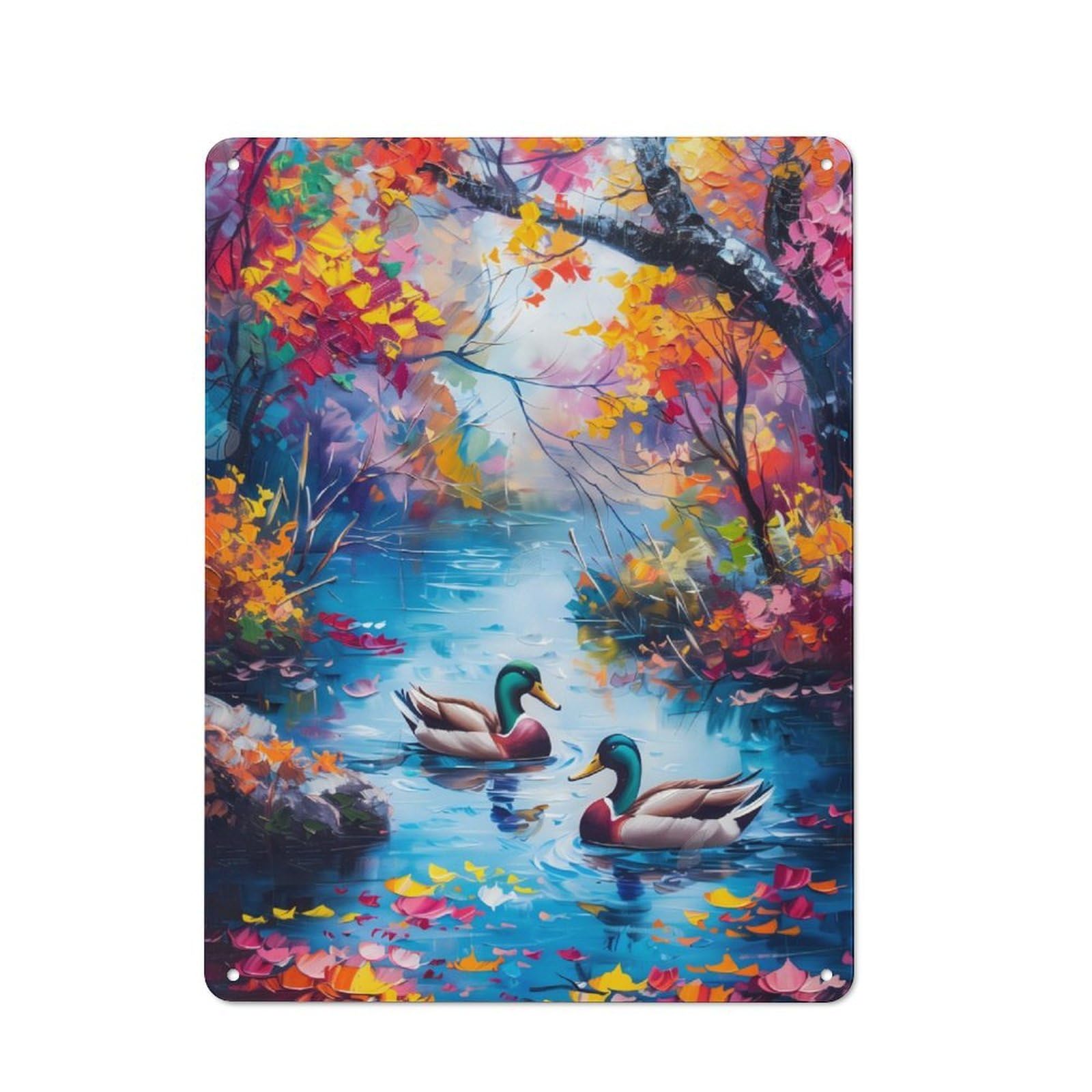 Junmoney Autumn Ducks By The Lake Tin Wall Plaque 40X30cm, Barn Style Rustic Kitchen Decor For Farmhouse Kitchen, Pantry Or Dining Area