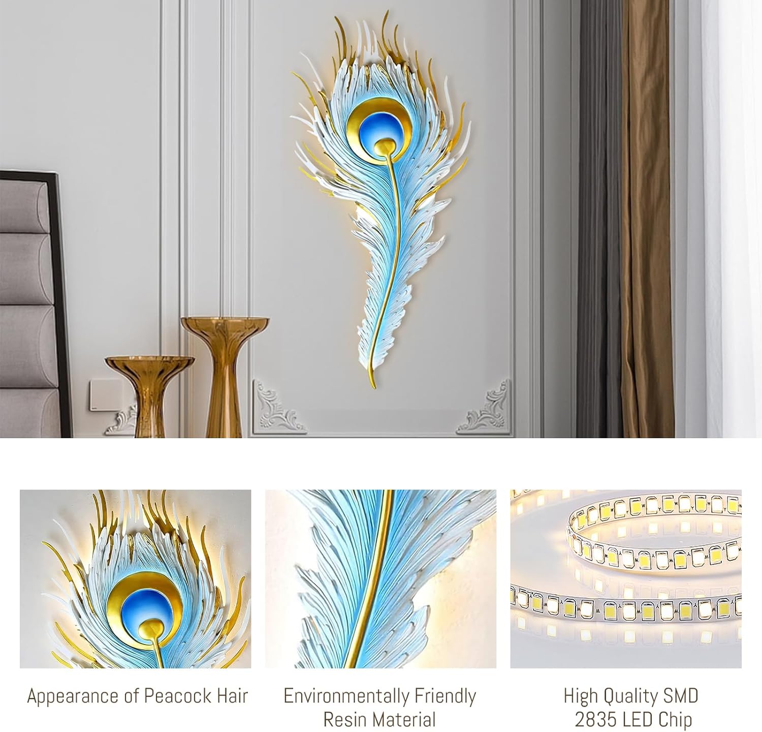 Peacock Feather Wall Light Unique Modern Wall Mount Light LED Dimmable Wall Sconce Lighting White Blue Elegant Feather Design