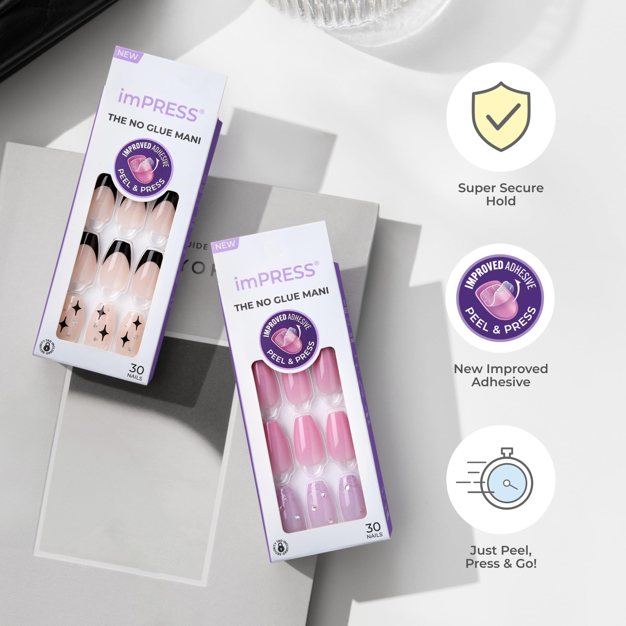 KISS imPRESS Manicure, Knock Out, sztuczne paznokcie samoprzylepne, kwadratowe, krótkie, z technologią PureFit, 30 sztucznych paznokci, mini pilnik, patyczek do skórek, instrukcja