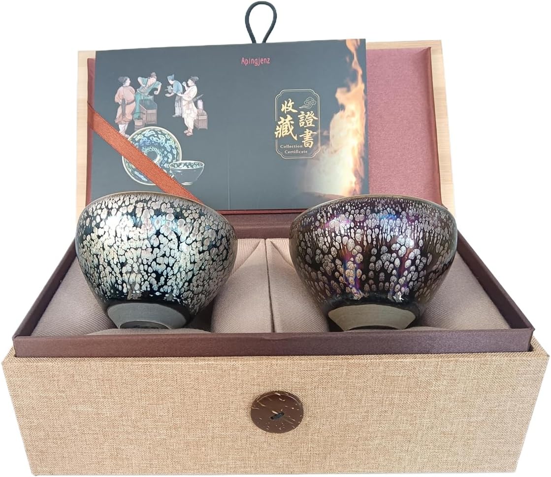 Jianzhan Ceramic Teacup Oil Drop Pattern, Kung Fu Tea Set, Tenmokus Tea Cup Chinese Time-honored Kiln Fired Craftmenship, Mate Cup Set of 2