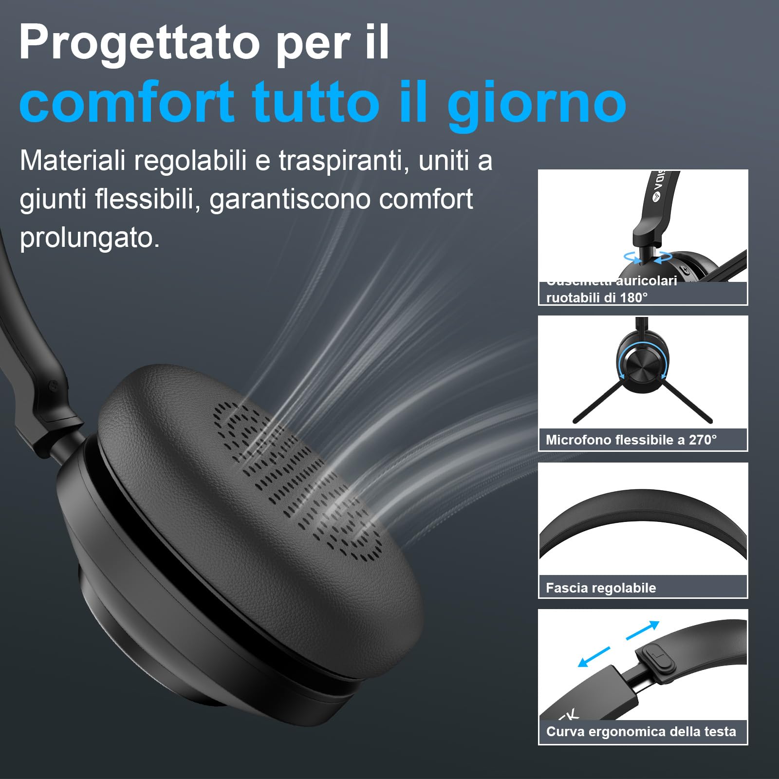 Voistek Cuffie Bluetooth Wireless con Microfono e Cancellazione Rumore, Dongle USB per PC, 45 Ore di Autonomia, Tasto Muto, Ideali per Ufficio, Riunioni, Zoom, Call Center, Laptop, Computer