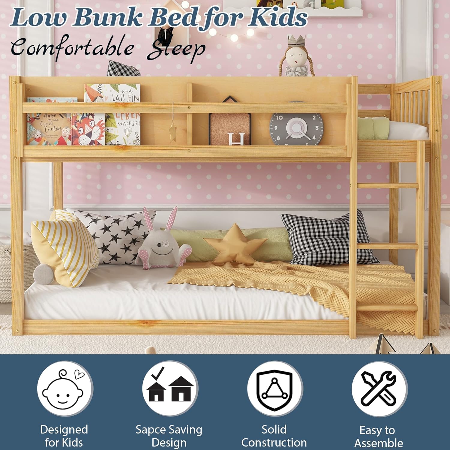 Twin Low Bunk Beds for Kids, Wooden Bunk Bed Frame Twin Over Twin, Convertible Floor Bunk Bed with Storage Shelf & Ladder, No Box Spring Needed (Natural)