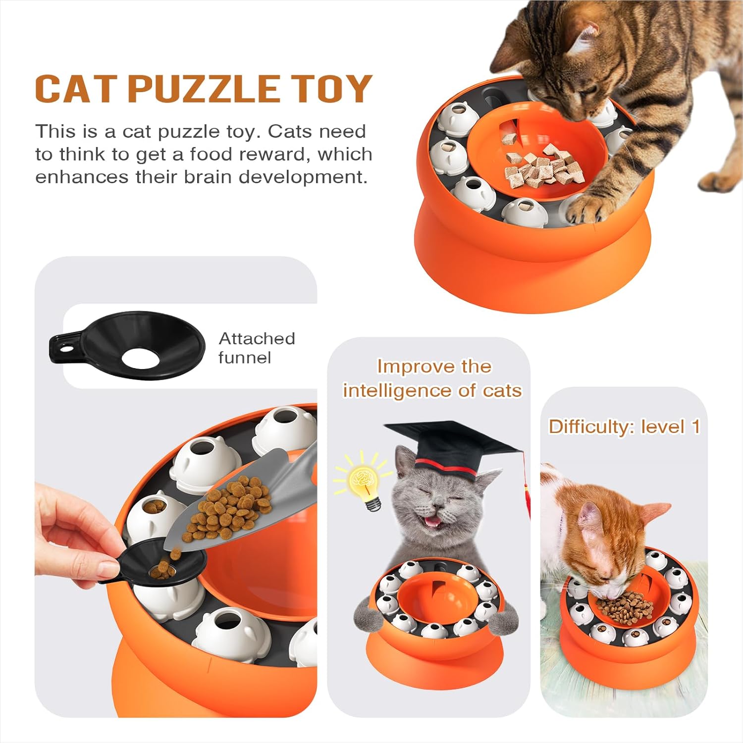 Slow Feeder Cat Bowl,Interactive Cat Toys for Indoor Cats,Cat Puzzle Feeder Pet Toy for Aid Pets Digestion & Mental Stimulation (Orange)