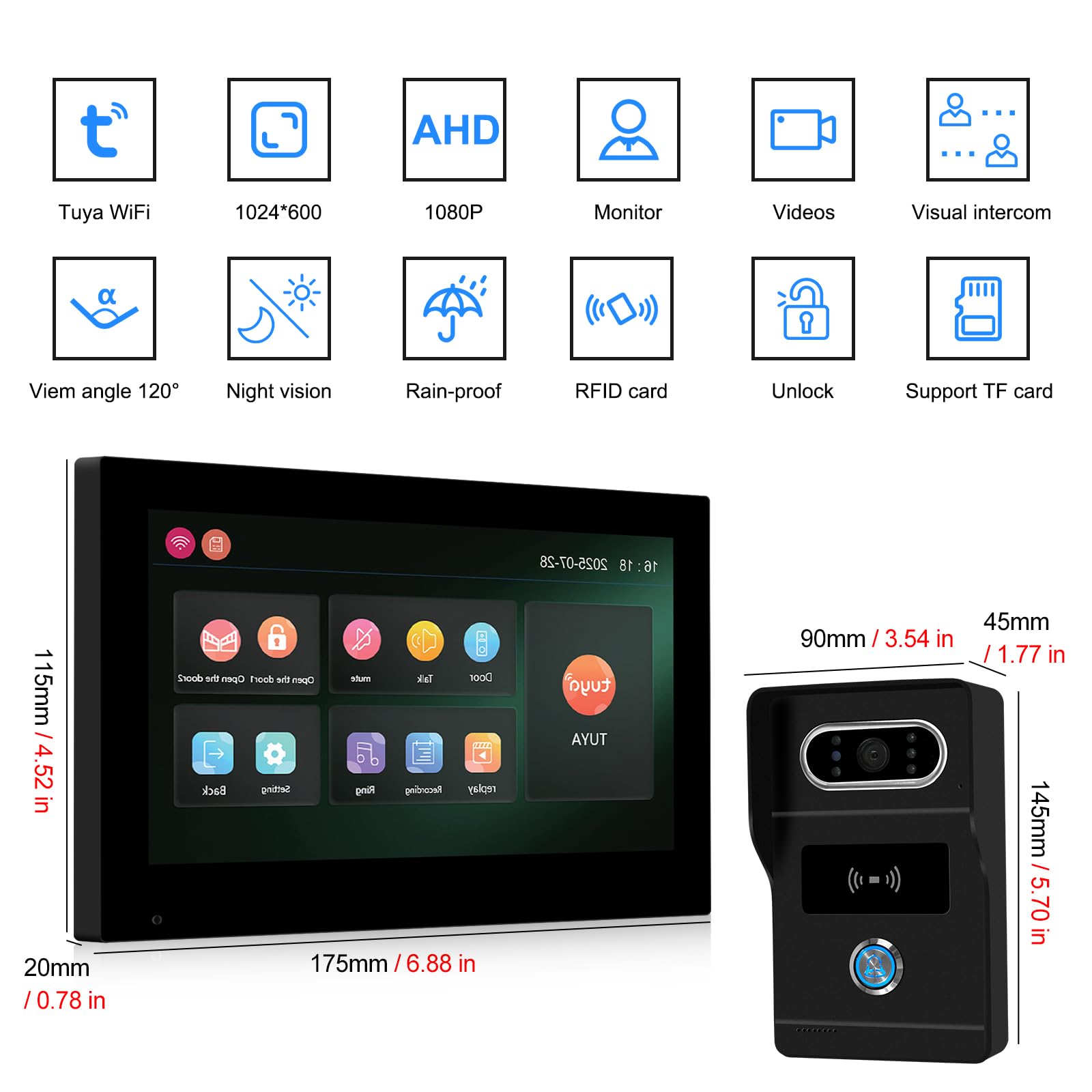 2 Fili AHD1080P Videocitofono Intelligente,Tuya WiFi IPS 7‘’ Videocitofono Porta, Sblocco RFID, Visione Notturna