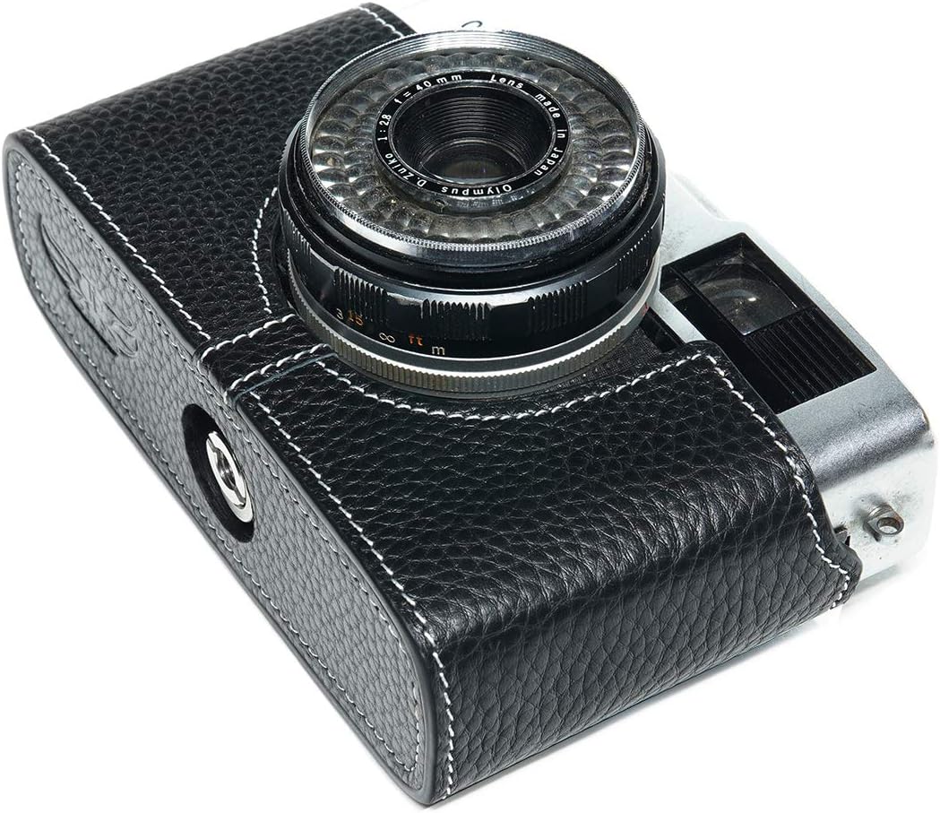 Trip 35 Case, BolinUS Handmade Genuine Real Leather Half Camera Case Bag Cover for Olympus Trip 35 Camera with Hand Strap (Black)