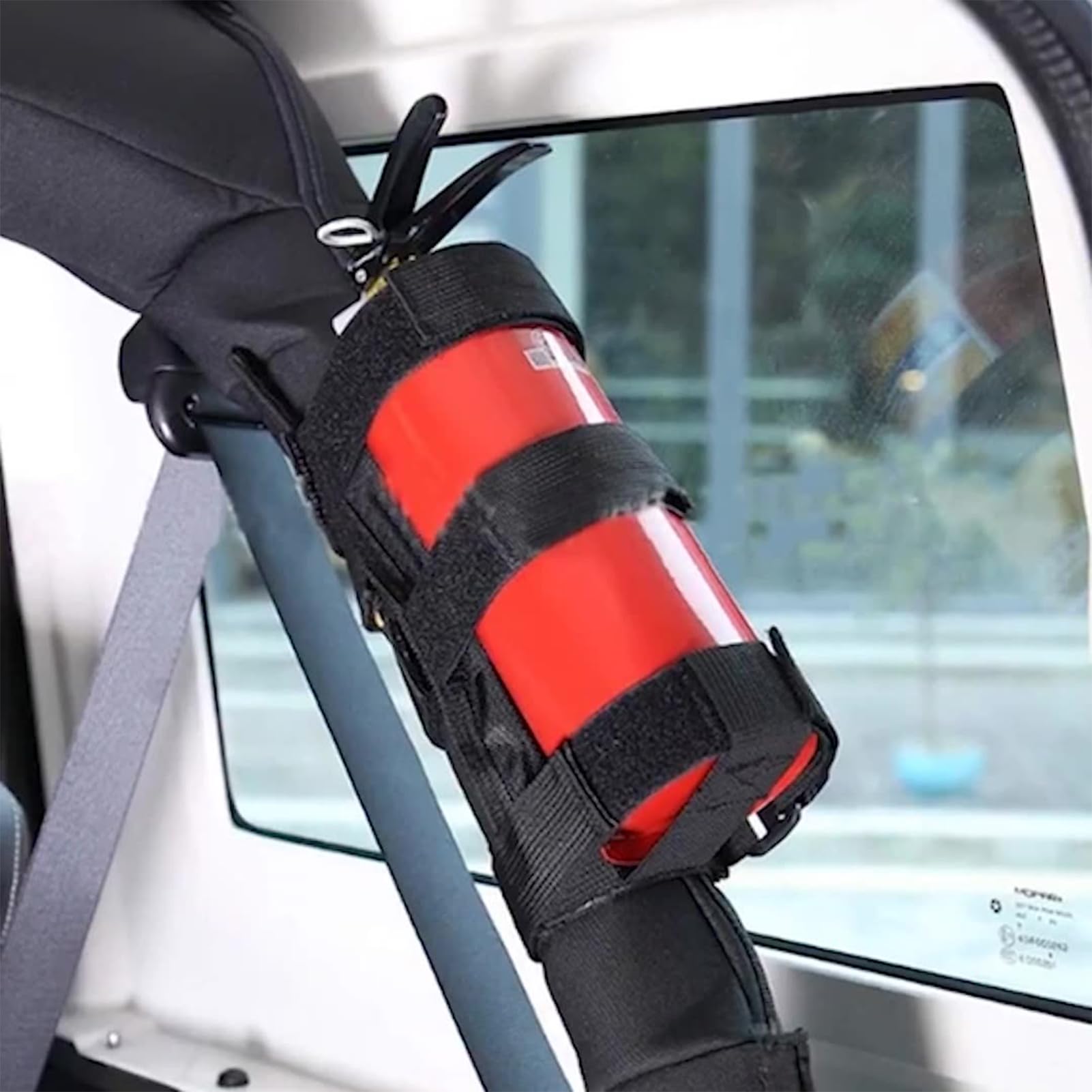 Überrollbügel Feuerlöscher Halterung Auto Kofferraumhalter Auto-Feuerlöscher-Halterungsgurt Verstellbarer Gürtel für Auto Auto Praktisches Zubehör Drittanbieter-Zubehör für Jeep (Schwarz)