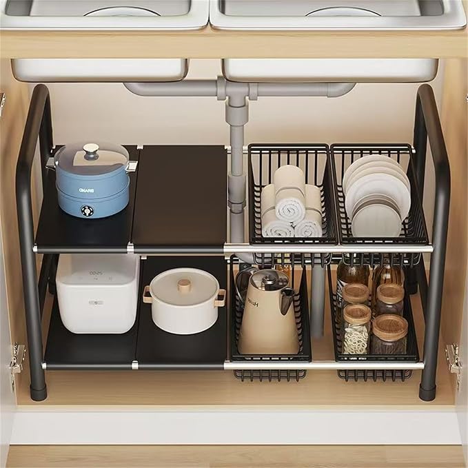Organizador bajo lavabo, estante extensible de 2 niveles con 4 paneles removibles y 4 canastas debajo del estante para almacenamiento en baño y cocina, color negro miniatura 3